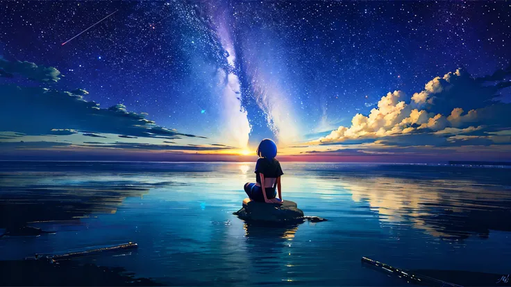 超high image quality, high image quality, high quality ,壮観なscenery,octans, null, 満天の星null, scenery, 星null, night , 1 girl, night null, shooting star, the Milky Way galaxy covers the entire sky, 海に夜nullが映っている,is sitting, tree, long hair, silhouett...