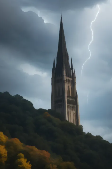 a tower stands out from a height of jagged and steep walls, stormy sky, the wind lashes the tops of the trees making the leaves fall off. the sky is dark and full of clouds, lightning strikes illuminating part of the clouds.