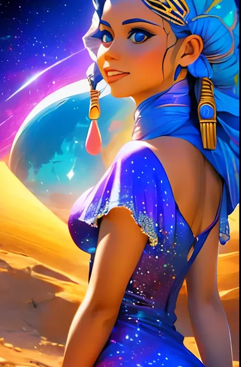 a close up of a woman in a dress standing in the desert, egyptian art by Jason Benjamin, cg society contest winner, psychedelic art, goddess of space and time, cosmic goddess, moon goddess, celestial goddess, goddess art, earth goddess mythology, goddess o...