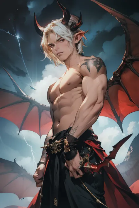 ( Masterpiece : 1.2), (    very detailed: 1.2), (    very detailed CG: 1.2), (    HD: 1.2), 1man, incubus, pale smooth skin, muscular, lean,white hair color, messy bangs, two small horns on forehead, leathery bat wing, bright yellow eyes, long pointy ears,...