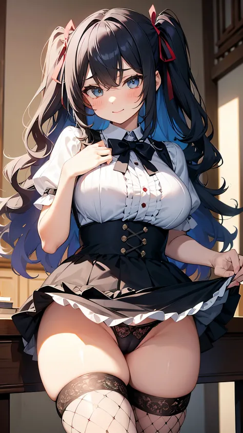 masterpiece,Highest quality, 1girl ,(黒いtwo side up:1.1),(wavy hair:1.1),middle hair,(pale blue gradient hair:0.8),big breasts, ruffled white blouse ,black flared skirt,Ribbon decoration, fishnet tights,pantyshot,lift up skirt,Naughty smile,Up Leg,panty foc...