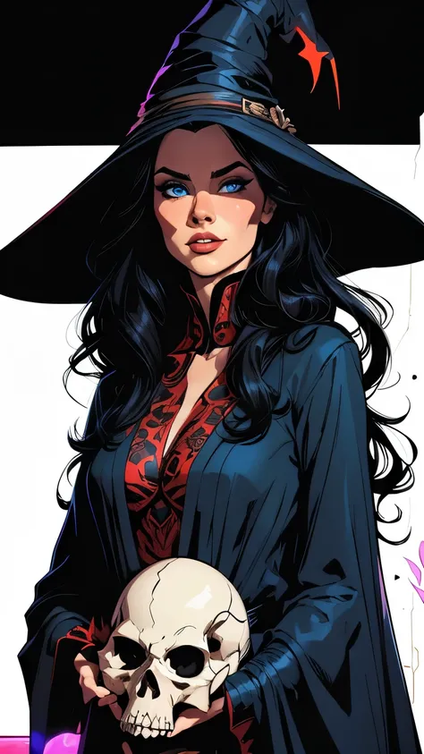 (cartoon style:1.2), cartoon comics style 1.2,Stuning artistic pin-up Kelly piquet very very beautiful is a pretty witch, Beautiful skin, blue eyes, very beautiful long open shirt very glamorous with batwing sleeves ultra hyper low-cut black with red patte...