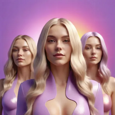 group of blonde women with long hair, female faces expressing pleasure and enjoyment with a bright aura halo behind ther heads, they are naked, we can see their shoulders and face closely, minimalistic, in a light purple and pink style, with soft edges and...