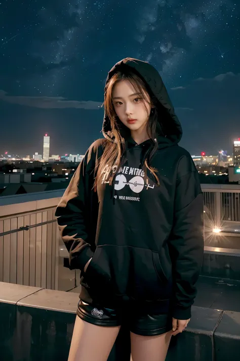 1girl,highres, high quality, masterpiece,black hoodie, white short, rooftop with city light in the background, starry night,