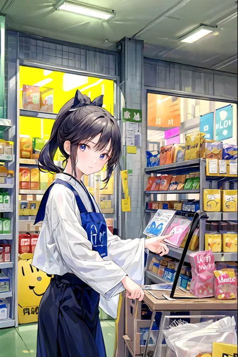 (masterpiece:1.2),(anime), convenience store clerk、 girls on the left、cute、  black hair、ponytail、cashier 、 Japanese