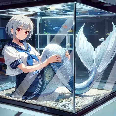 mermaid,Aquarium, silver hair,short hair,sailor suit,anger,red eyes