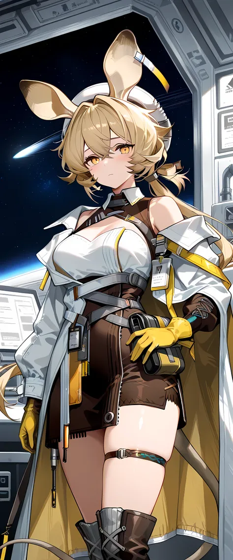 masterpiece, best quality, very aesthetic, absurdres, safe,1girl,dorothy \(arknights\), , 1girl, animal ears, solo, gloves, tail, yellow gloves,long hair, coat, boots, mouse ears, thigh strap, breasts, skirt, shirt, open coat, white headwear, looking at vi...