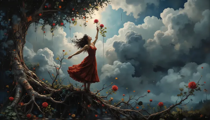an oil painting of a mystical upside-down world where a reaches for a single red rose on an inverted tree, its roots tangled in the clouds while its leaves brush the earth, inspired by Salvador Dalí, deep rich hues with surrealist tones, the girl's face c...