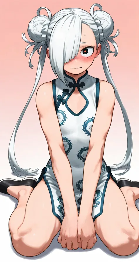  bun hair for your toes, twintail, white China dress, (flat chest:1.3), Blushing、To blush、Thick eyes, white hair, long hair, hair over one eye, wariza, My Hero Academia style, Kohei Horikoshi