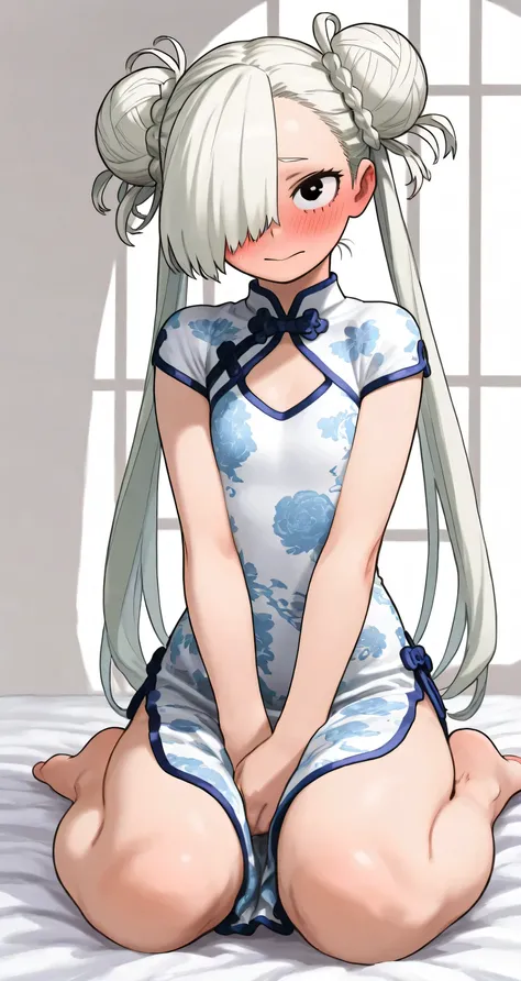  bun hair for your toes, twintail, white China dress, (flat chest:1.3), Blushing、To blush、Thick eyes, white hair, long hair, hair over one eye, wariza, My Hero Academia style, Kohei Horikoshi