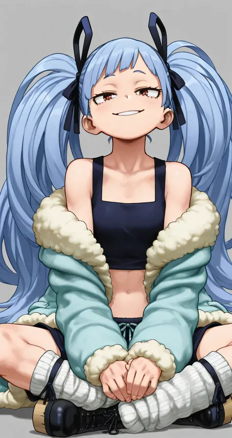 flat chest, skinny body, smug, duke shorts, frill crop top, oversized fleece jacket, twintail, Baby Face,very long hair, platform boots, Loose Socks, Indian style, off-shoulder, black ribbon, blue hair , My Hero Academia style, Kohei Horikoshi