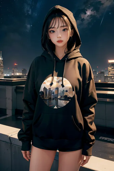 1girl,highres, high quality, masterpiece,black hoodie, white short, rooftop with city light in the background, starry night,