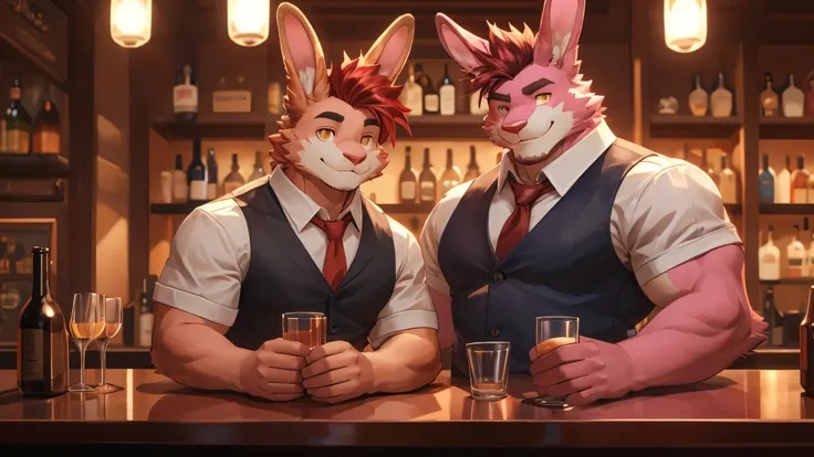 ((best quality)), ((masterpiece)), (detailed), perfect face, bara furry, rabbit man, big body, pink skin, pink fur, pink chests, pink belly, pink cute face, smile face, short quiff red hair, yellow eyes, perfect eyes, long rabbit ears, handsome, wearing ve...