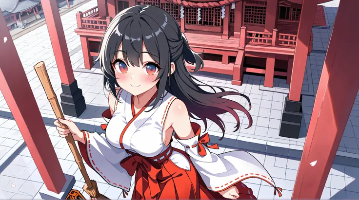 best quality, very aesthetic, ultra-detailed, best illustration, masterpiece, japanese shrine miko, gradient eyes, scarlet eyes, black hair,  half updo, ager, 
blush, looking at viewer, big shrine, smile, holding a broom, medium breasts, slim build, long s...