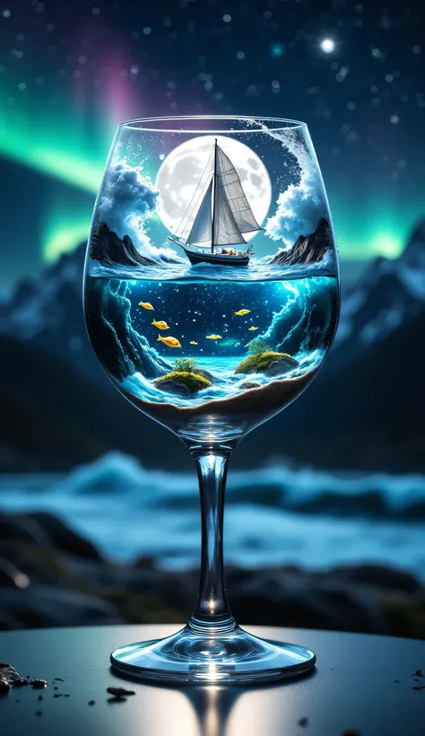 highly detailed, cinematic scene of an elegant transparent wine glass filled with a magical nighttime ocean. The glass stands on a reflective surface, creating a stunning contrast between the calm exterior and the dynamic world inside.
Inside the glass:
...