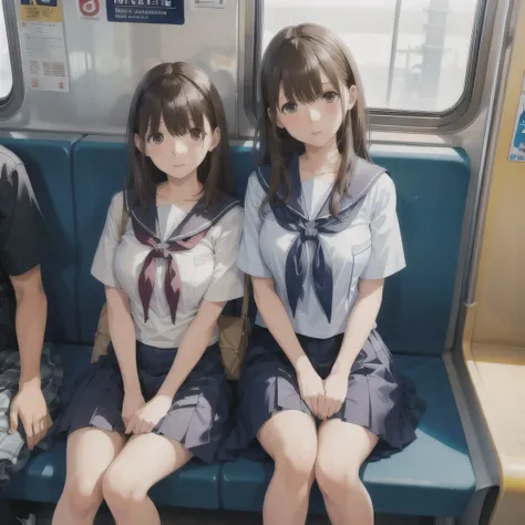  unrealistic,, Beautiful feet, detailed face , A woman in her fifties sitting on a subway train with her handbag, a super realistic high school girl, sitting on a train, Japanese high school student's uniform, Japanese School Uniform, cute high school girl...