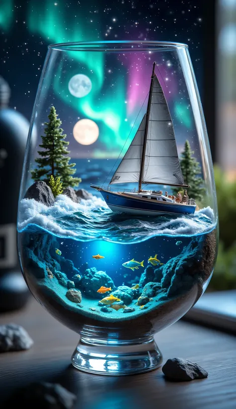 In a crystal-clear wine glass, an enchanting miniature world of a nocturnal ocean is enclosed, featuring the sailboat "Tartan". The glass has perfectly clean walls that allow full appreciation of the magical scene inside. Its faceted sides create a gentle ...