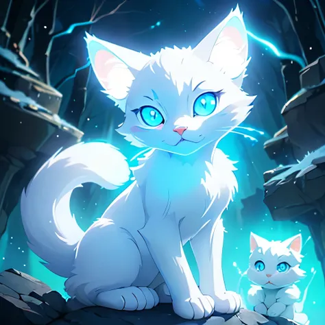 a white cat with blue eyes sitting on a rock, ethereal fox, warrior cats, very very beautiful furry art, with blue fur and blue eyes, warrior cats fan art, beautiful white glowing eyes, beautiful blue glowing eyes, ethereal soft and fuzzy glow, white glowi...