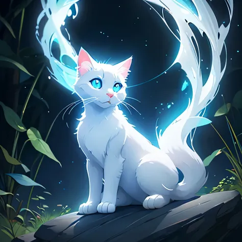 a white cat with blue eyes sitting on a rock, an airbrush painting by Caroline Chariot-Dayez, trending on cg society, furry art, ethereal fox, warrior cats, very very beautiful furry art, with blue fur and blue eyes, warrior cats fan art, beautiful white g...