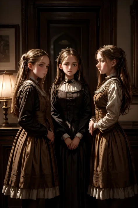 three young girls in victorian era dresses,playing at school,realistic,photorealistic,detailed portrait,intricate,cinematic lighting,soft focus,warm colors,golden hour,oil painting,highly detailed,masterpiece,4k,ultra-detailed,dramatic,beautiful,elegant,wh...