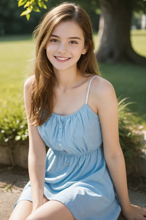 Masterpiece, Best quality, 8k, 18 years old, University student, Photo brute, absurdes, Award-winning portrait, sourire, sourire, pure, French, happy smile, sitting, revealing, beautiful hair, nature, summer dress