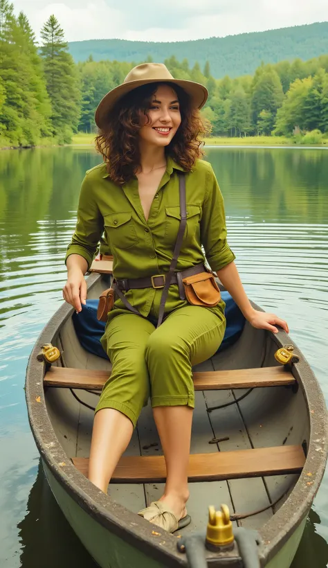 A serene woman with wind-tousled curly brown hair and warm, sun-kissed skin, wearing a vibrant green camping outfit with a utility belt and a floppy hat, sits comfortably in a weathered wooden canoe adorned with brass fixtures, gently rocking on a tranquil...