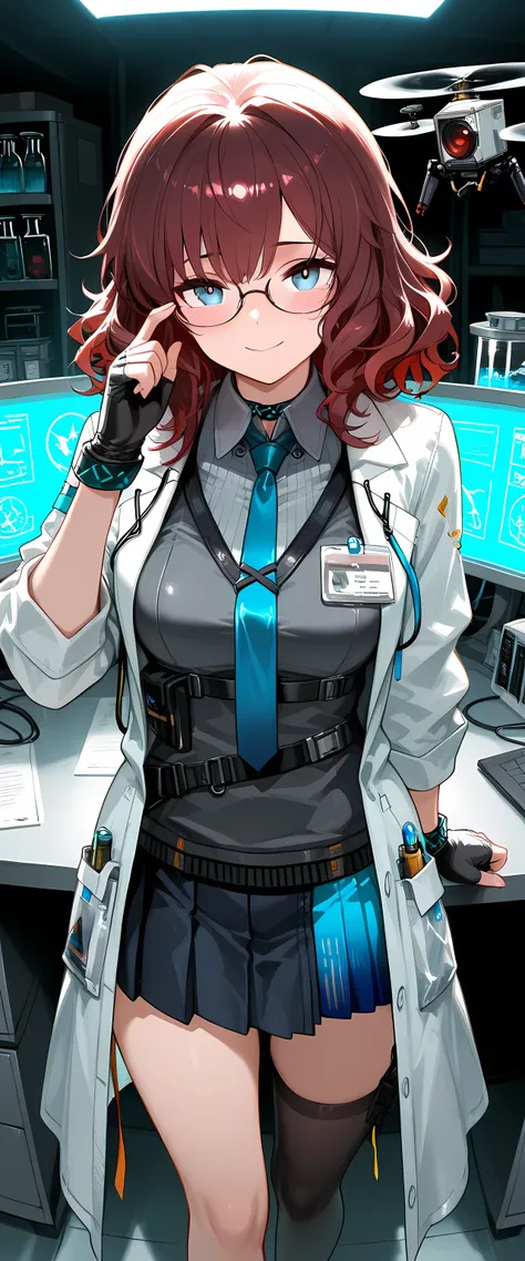 masterpiece, best quality, very aesthetic, absurdres, safe,1girl,doctor_(arknights),solo,dark red hair,wavy hair,medium hair,blue eyes,glasses,medium breasts,dark gray clothes,vest,grey collar shirt,light blue tie,pleated skirt,black skirt,light blue skirt...