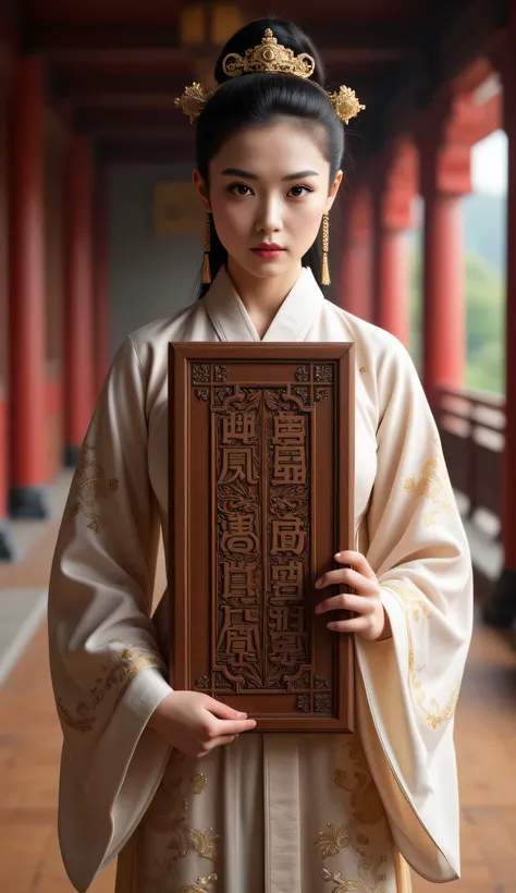 Prompt: Create a hyper-realistic wide scenery image that captures the essence of the Han Dynasty Era. In the foreground, depict a beautifully curvy female figure dressed in a traditional hanfu, holding a large, intricately carved square shape wooden tablet...