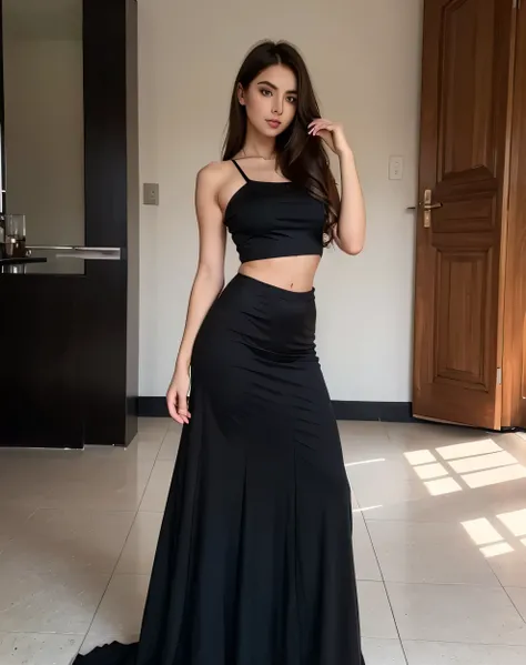 a woman in a black crop top and black long skirt posing for a picture, fire dress, revealing stylish dress, black dress, airbrush dark dress, sexy dress, ombre long skirt, tube-top, sexy girl, full length view, opened dress, long dress, ombre gown, brunett...