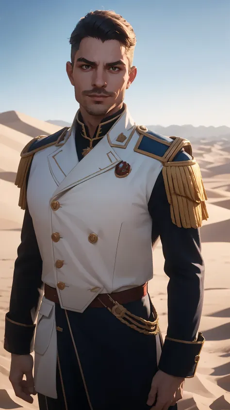 1guy, professional photo of pat32, (wearing blue European hussar outfit, (hussar, pelisse)), perfect brown eyes, upper body shot low lighting, moody, large depth of field, warhammer 40k, deep depth of field, highly detailed, warhammer_40k_commissar, (brigh...