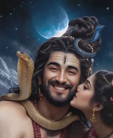 A highly detailed, realistic classical oil painting close-up of actor Ramvardhan as Lord Shiva and Goddess Parvati in a divine and romantic moment. Lord Shiva, depicted as a handsome Indian deity, has a radiant, joyful smile, deep expressive eyes, and a we...