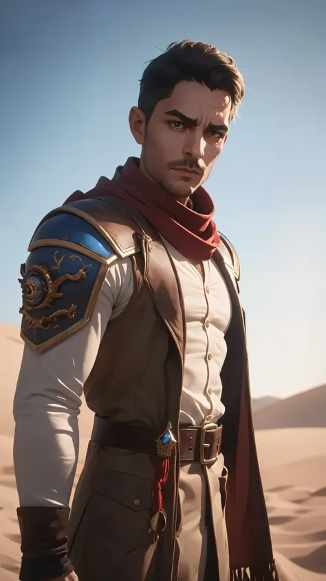 1guy, professional photo of pat32, (wearing dirty beige coburn great coat), red Shemagh scarf, armour shoulder pieces, leather bandolier, perfect brown eyes, upper body shot low lighting, moody, large depth of field, warhammer 40k, deep depth of field, hig...