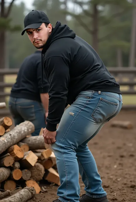 Realistic photograph , 30-year-old muscular (((athletic man))) nalgon, rostro definido muy similar al de referencia, ojos negros, view from below, in profile, black hoodie and tight washed-out light blue levis jeans, stright back, in profile, Big butt, vie...