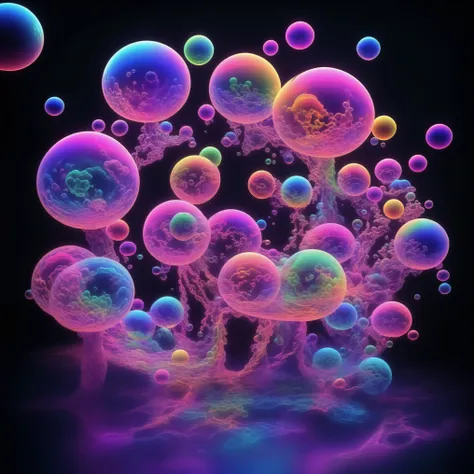 A close up of beautiful bubbles floating on top of each other, LSD, DMT imagery. octane render, psychedelic droplets of water, abstract liquid, and intricate rainbow art. octane render, black 3d fluid simulation,  ethereal bubbles, swirling liquids, and hi...