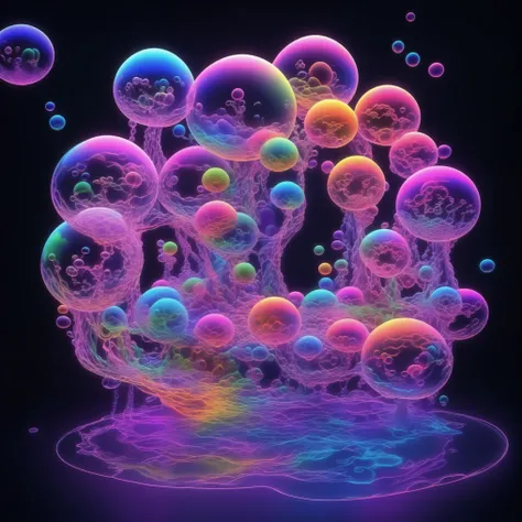 A close up of beautiful bubbles floating on top of each other, LSD, DMT imagery. octane render, psychedelic droplets of water, abstract liquid, and intricate rainbow art. octane render, black 3d fluid simulation, ethereal bubbles, swirling liquids, and hi...