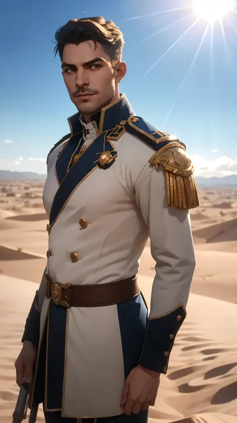 1guy, professional photo of pat32, (wearing blue European hussar outfit, (hussar, pelisse)), perfect brown eyes, upper body shot low lighting, moody, large depth of field, warhammer 40k, deep depth of field, highly detailed, warhammer_40k_commissar, (brigh...