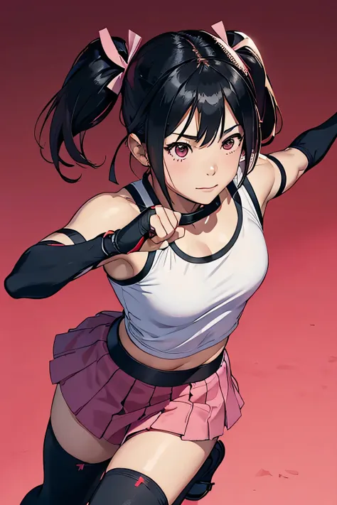  Female Fighter、fighting pose with a red stick、smiles、 Japanese 、simple background、 Trained Biceps  、twin tails from above、pink combat uniform、pink skirt、black tights、shoulder armor、headband、 black hair、 elbow pads 、realistic