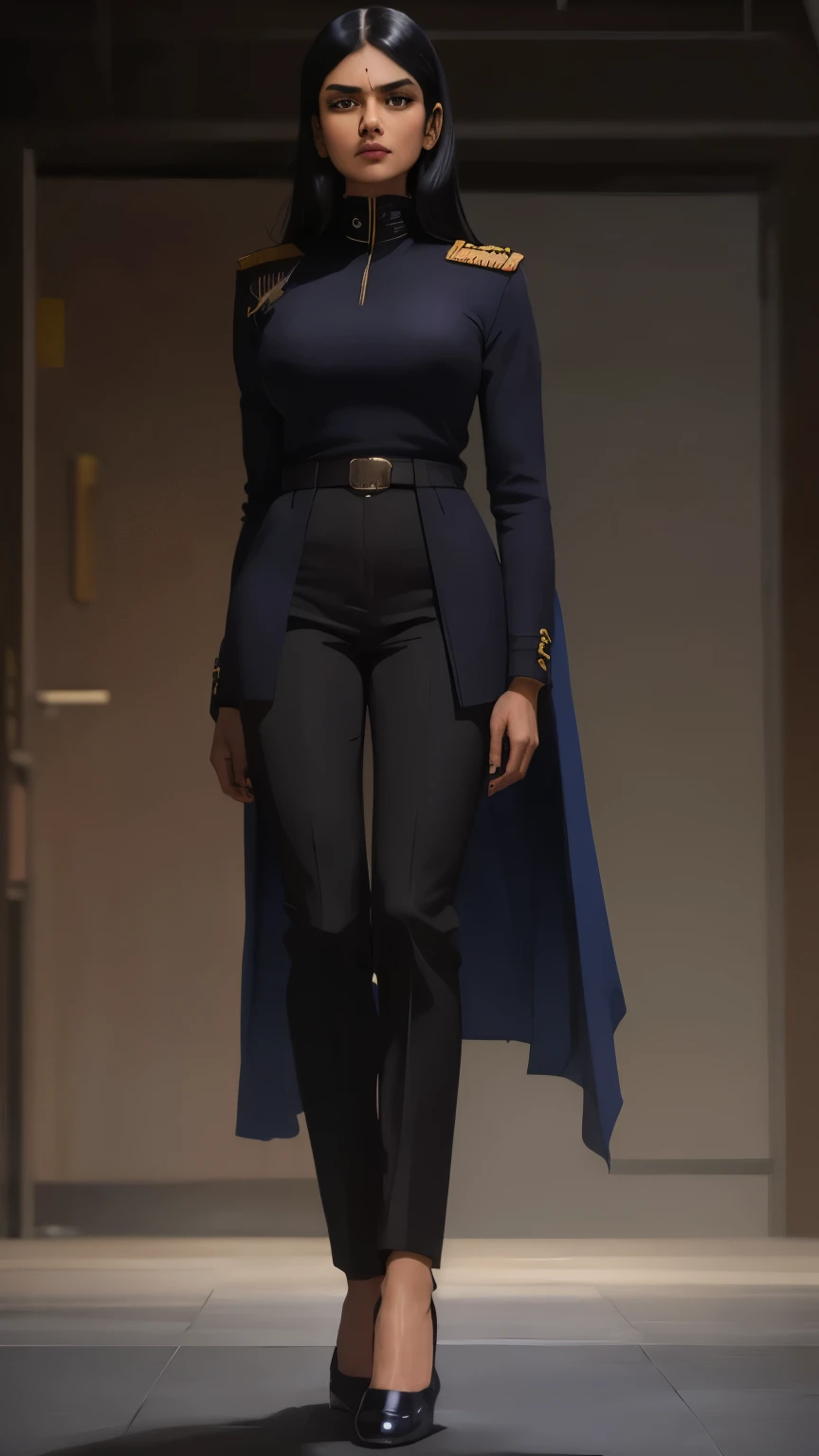 mature Indian woman, Standing on a stage giving presentation, in auditorium (long black hair), cyberpunk, sci-fi, masterpiece, (detailed face) (wearing navy officer uniform and pants)(very profesional)