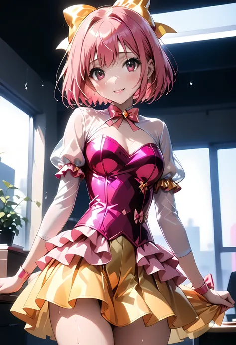 {nakagawa kanon}, {Just a hair bow}, (((Flashy idol costumes　silk, skirt))), ( see-through), (( Shining Costumes)), ((skindentation on pancakes)), thin, alone, alone, masterpiece, Highest quality, Highest quality, 16k, very absurd, very detailed, 2.5D, AI-...