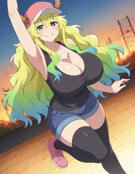 score_9, score_8_up, score_7_up, source_anime, dragonlucoa, lucoa, blonde hair, blue hair, dragon girl, gradient hair, green hair, hair between eyes, horns, horns through headwear, huge breasts, multicolored hair, baseball cap, cap, hat, pink hat, green ey...