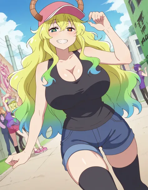 score_9, score_8_up, score_7_up, source_anime, dragonlucoa, lucoa, blonde hair, blue hair, dragon girl, gradient hair, green hair, hair between eyes, horns, horns through headwear, huge breasts, multicolored hair, baseball cap, cap, hat, pink hat, green ey...