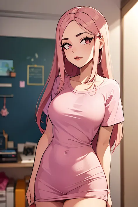 A 20-year-old girl, long pink straight hair, A short sleeve pink t-shirt she is standing looking curiously.