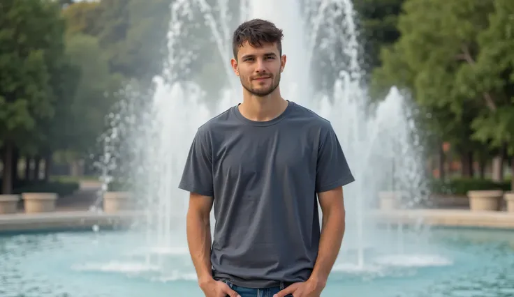 Full-length professional portrait photograph of a 21-year-old Ukrainian man standing in front of a fountain. He is wearing casual clothing (you can specify a type of casual outfit if you like, e.g., a t-shirt and jeans). He has short, black hair and realis...