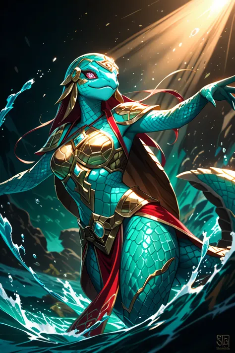Female, Seaturtle hybrid humanoid, looks like a turtle with beautiful turquoise scales, turtle like facial features, dynamic lighting, priestess red and gold clothing, scales on skin, sea turtle hybrid, looks like a l Tortle from dungeons and dragons game