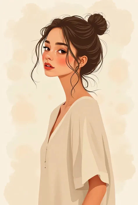 A stylized, minimalistic digital illustration of a young woman with soft,  earthy colors  (Beige, braun, Terracotta, creme). Her hair is loosely pinned up, some strands fall gently on the face. She wears a soft, flowing linen blouse. The background is subt...