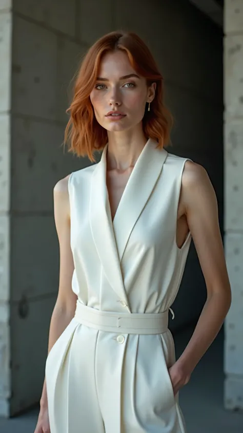 CAMERA SHOT: Tight-medium shot, straight-on angle, capturing intensity and detail.  
SUBJECT IN MOTION: The model stands with quiet confidence, slightly turning her body to reveal the sharp lines of the white jumpsuit’s design. The belt at her waist cinche...