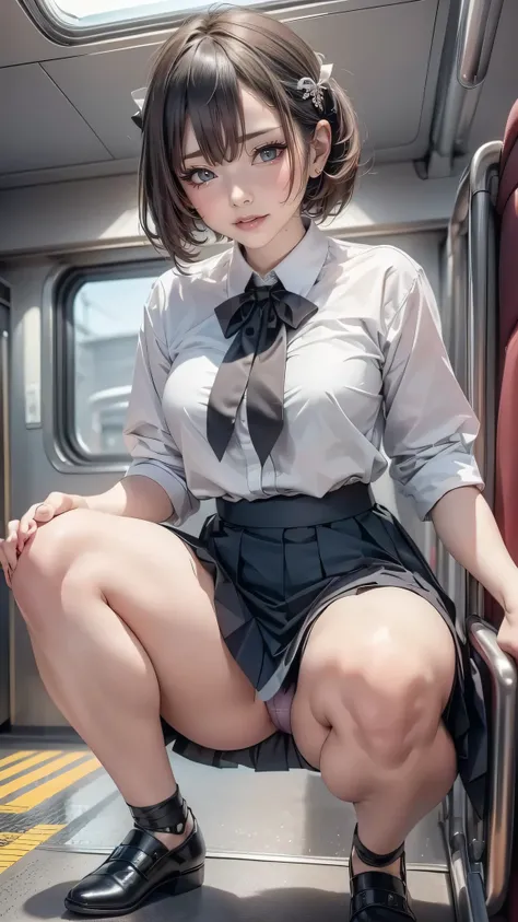 High Res Image,   Attraction  、8k, Very detailed, precise,   leg lift,   1 girl  ,  Sitting on the lap of a black man,   Delicate nails  、 tender eyes  、My hair is very short.、Very thin legs  :1.5、Night on the train、underwear, underwear,student pack、 (  Ja...