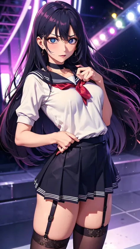 ((( idol))),((Strict look)),(( glittering stage)),((sailor suit)),((黒い sexyレースパンティ)),(( school uniform)),((miniskirt)),((loafers)),(((beautiful legs))),(()), ((( sexy))), (((cowboy shot))),Ultra High Definition , mature woman, mature woman, very well detai...