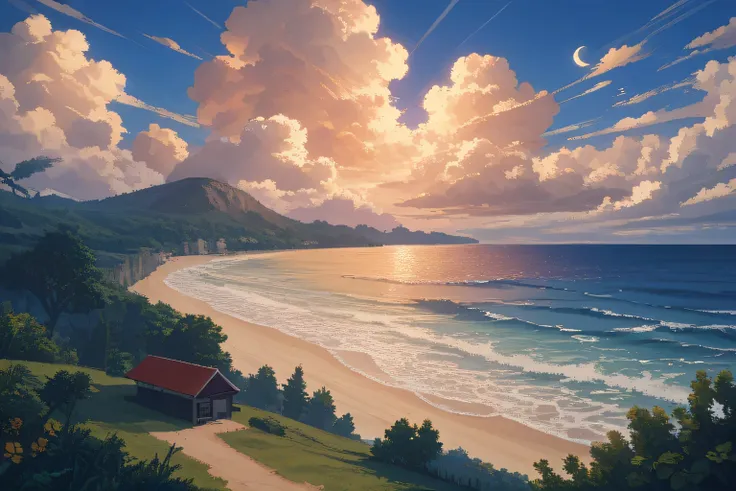  Landscape　beach　evening　There is a moon in the sky　Thin clouds hang around the moon　Pixel art　The gradation is beautiful and I can't see the crescent moon　 people in Manfu