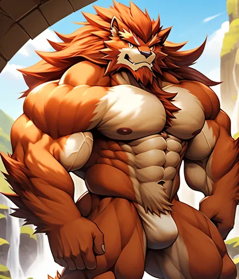 PRO competitive bodybuilder, nj5furry, (Entei. massive, huge, muscular, Gigachad), with muscular chest and abs, detailed biceps and thick forearms, thick neck(((((Naked, nude.))))) Entei, YOUNG FACE, , ((extremely realistic shadows, masterpiece, extremely ...